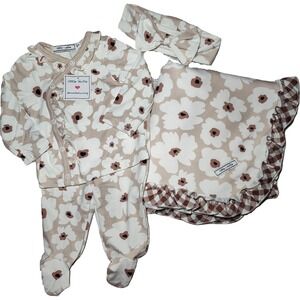Little Millie 4pc Baby Girl 3‎ Mos Brown Flower Blanket Outfit Headband Ruffled